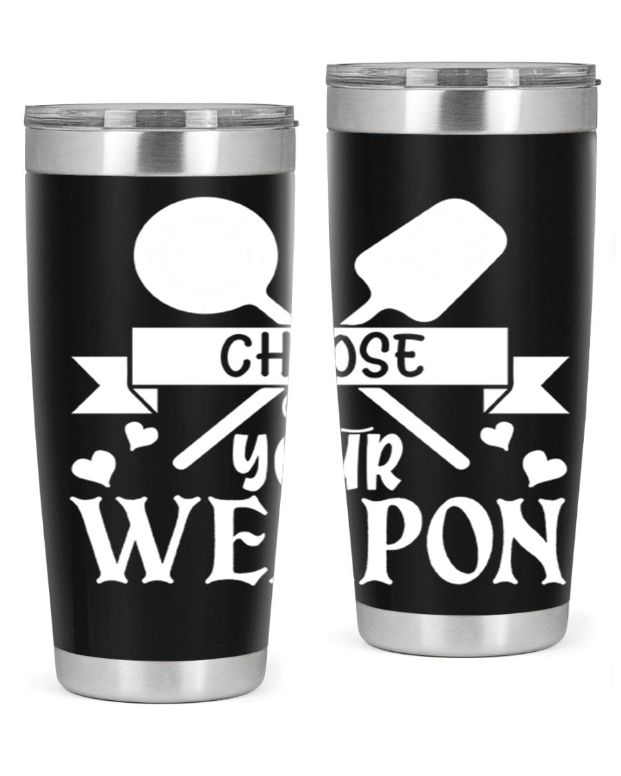 Choose Your Weapon 48# Kitchen Tumbler in stainless steel with a vibrant design, showcasing its double wall vacuum insulation and drink-thru lid.