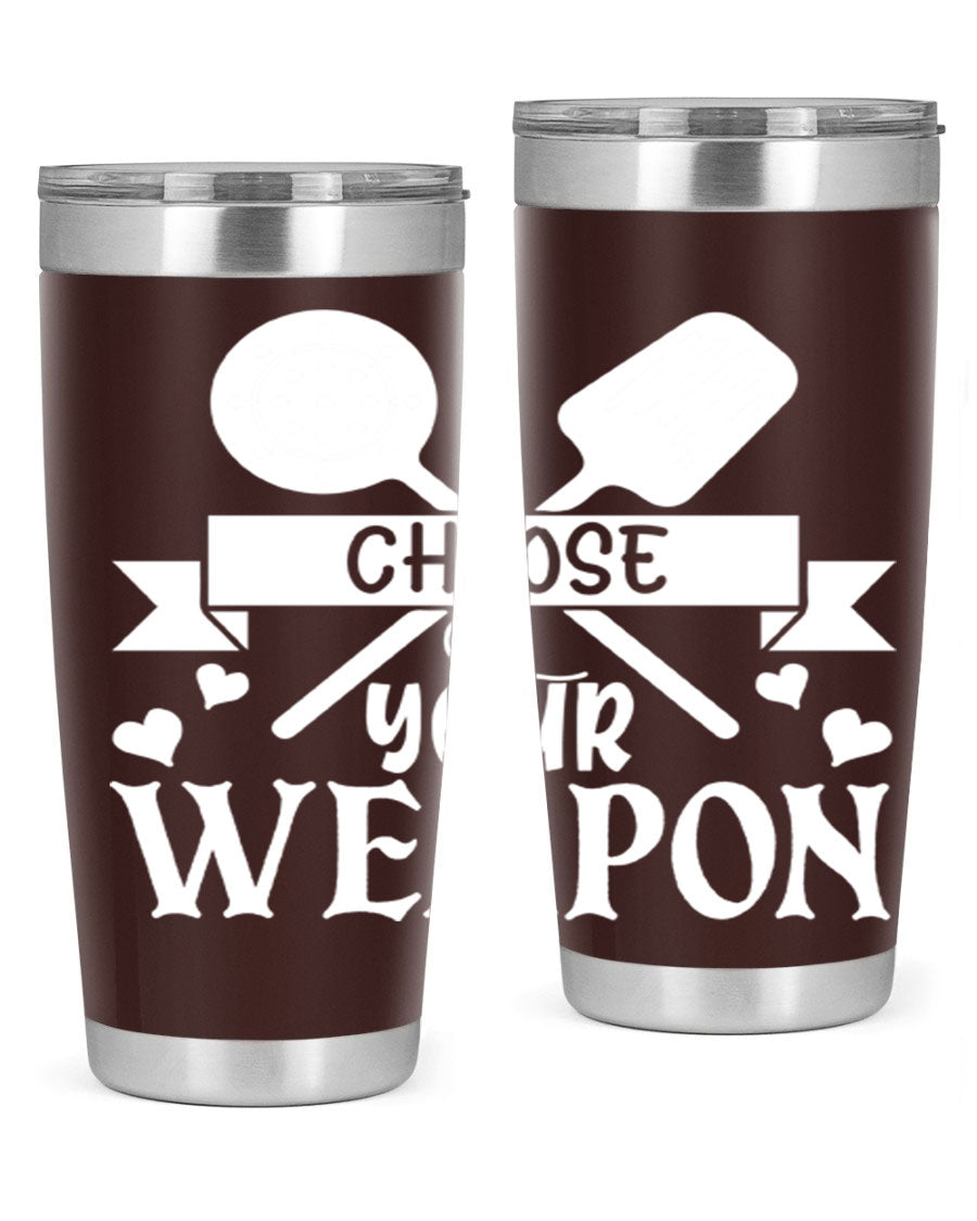 Choose Your Weapon 48# Kitchen Tumbler in stainless steel with a vibrant design, showcasing its double wall vacuum insulation and drink-thru lid.