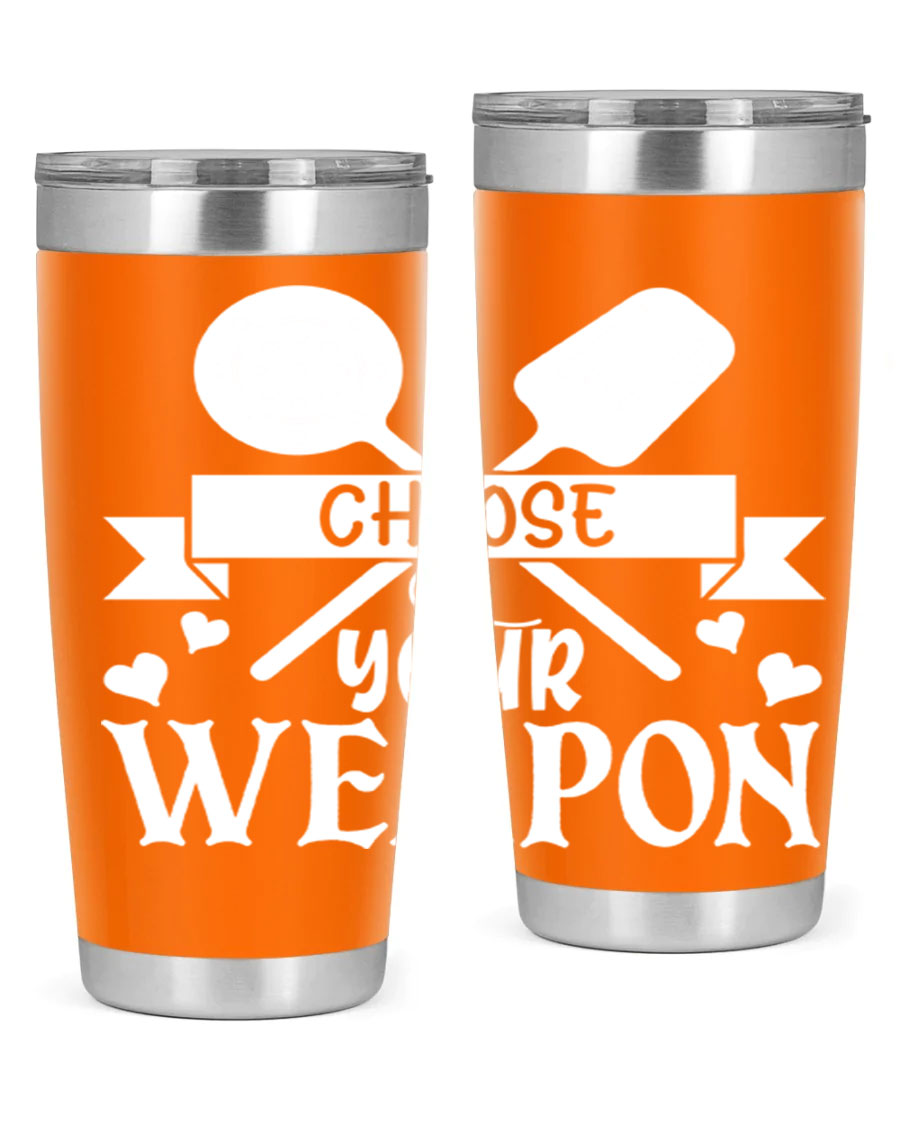 Choose Your Weapon 48# Kitchen Tumbler in stainless steel with a vibrant design, showcasing its double wall vacuum insulation and drink-thru lid.