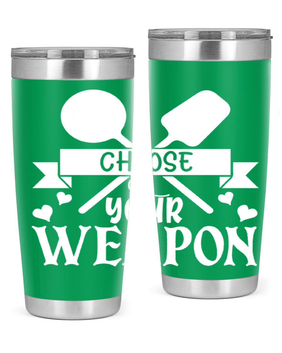 Choose Your Weapon 48# Kitchen Tumbler in stainless steel with a vibrant design, showcasing its double wall vacuum insulation and drink-thru lid.