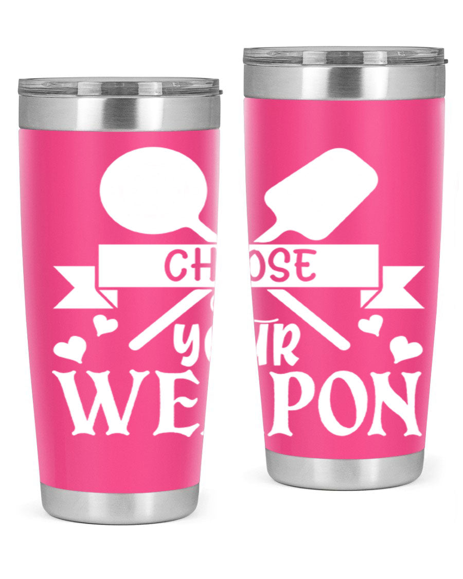 Choose Your Weapon 48# Kitchen Tumbler in stainless steel with a vibrant design, showcasing its double wall vacuum insulation and drink-thru lid.