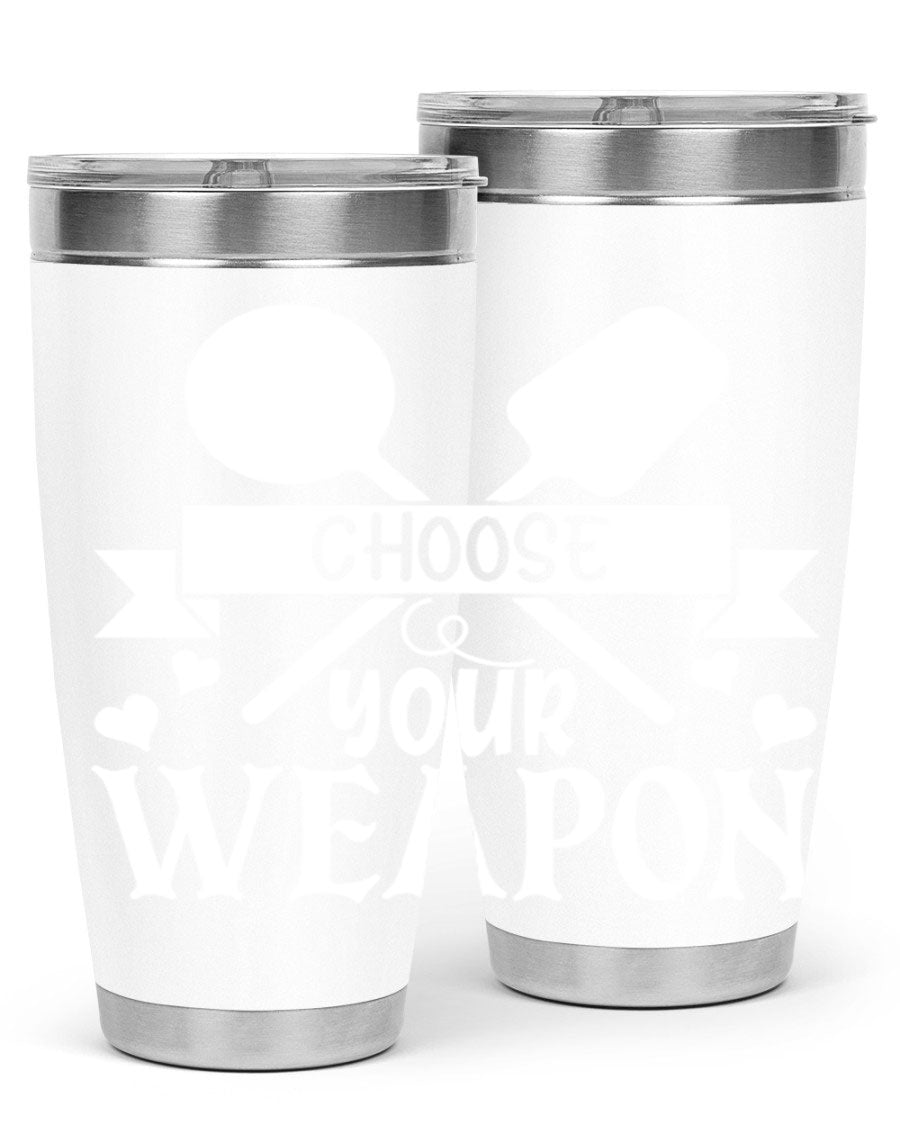Choose Your Weapon 48# Kitchen Tumbler in stainless steel with a vibrant design, showcasing its double wall vacuum insulation and drink-thru lid.