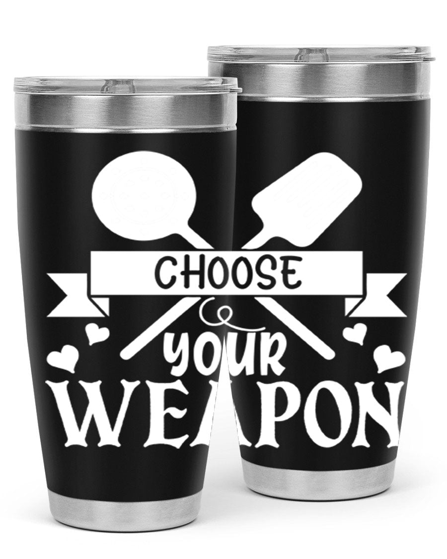Choose Your Weapon 48# Kitchen Tumbler in stainless steel with a vibrant design, showcasing its double wall vacuum insulation and drink-thru lid.