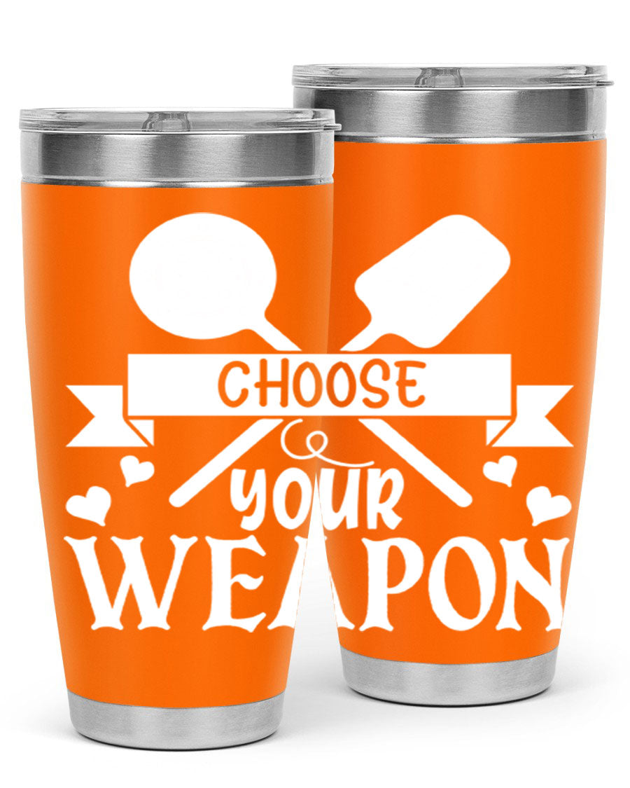 Choose Your Weapon 48# Kitchen Tumbler in stainless steel with a vibrant design, showcasing its double wall vacuum insulation and drink-thru lid.
