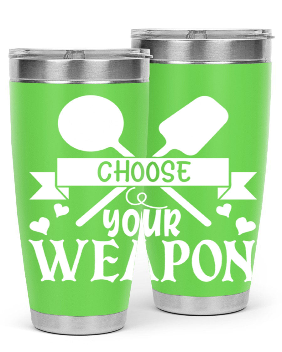 Choose Your Weapon 48# Kitchen Tumbler in stainless steel with a vibrant design, showcasing its double wall vacuum insulation and drink-thru lid.