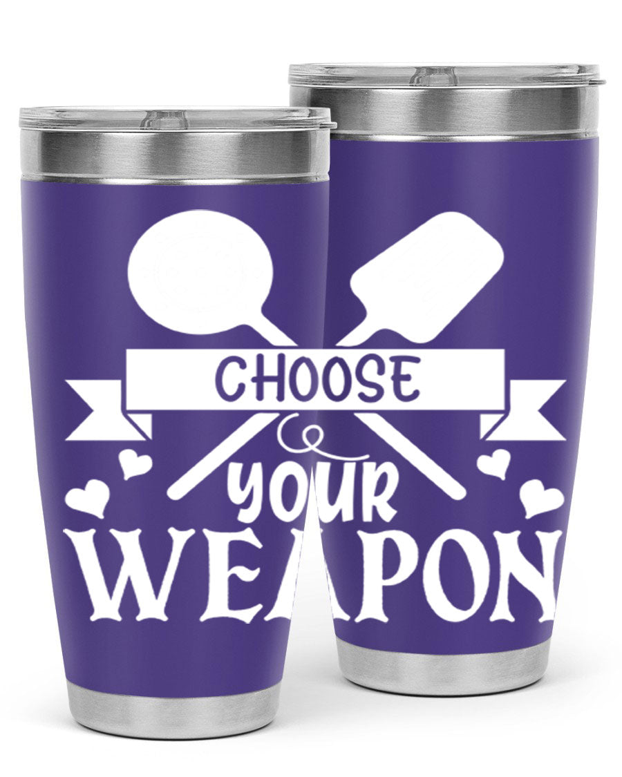 Choose Your Weapon 48# Kitchen Tumbler in stainless steel with a vibrant design, showcasing its double wall vacuum insulation and drink-thru lid.