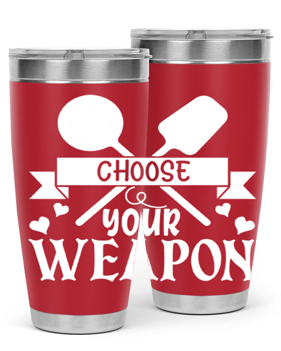 Choose Your Weapon 48# Kitchen Tumbler in stainless steel with a vibrant design, showcasing its double wall vacuum insulation and drink-thru lid.
