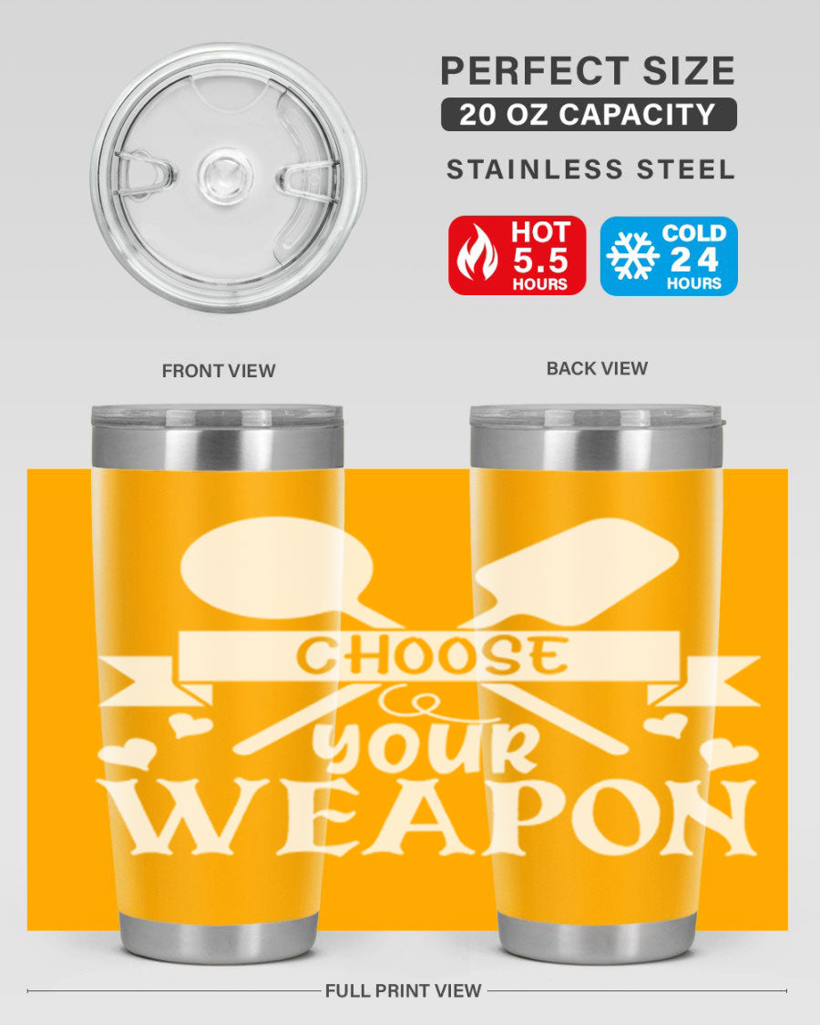 Choose Your Weapon 48# Kitchen Tumbler in stainless steel with a vibrant design, showcasing its double wall vacuum insulation and drink-thru lid.