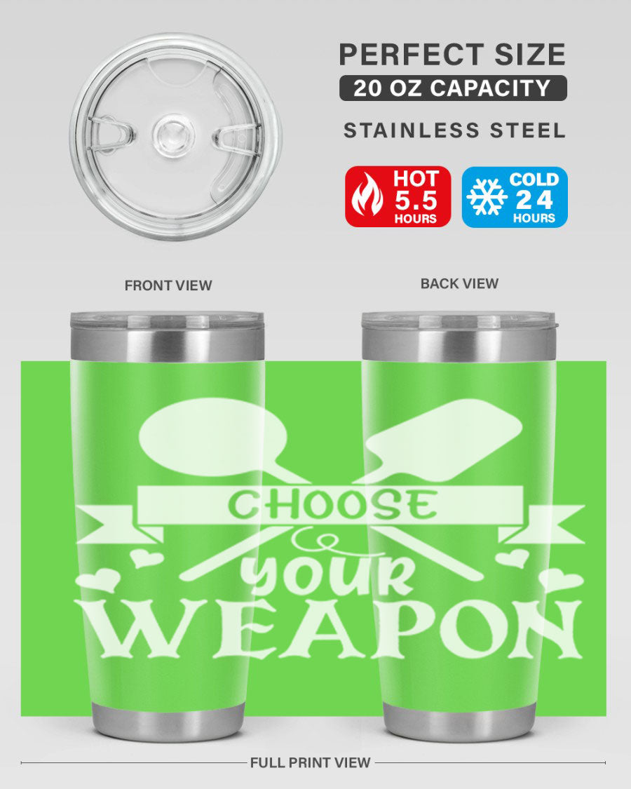 Choose Your Weapon 48# Kitchen Tumbler in stainless steel with a vibrant design, showcasing its double wall vacuum insulation and drink-thru lid.
