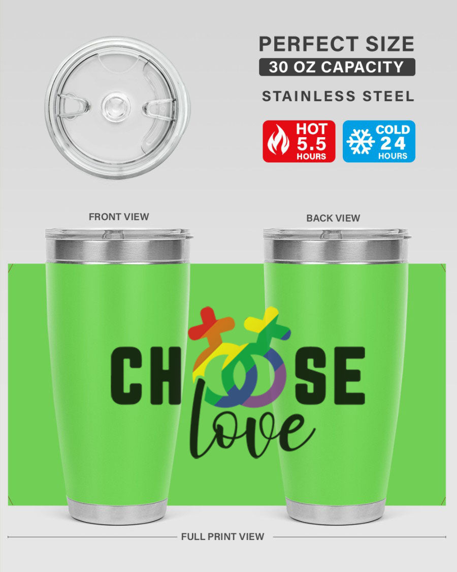 A vibrant chooselove 149# LGBT Tumbler showcasing its double wall stainless steel design and colorful print.