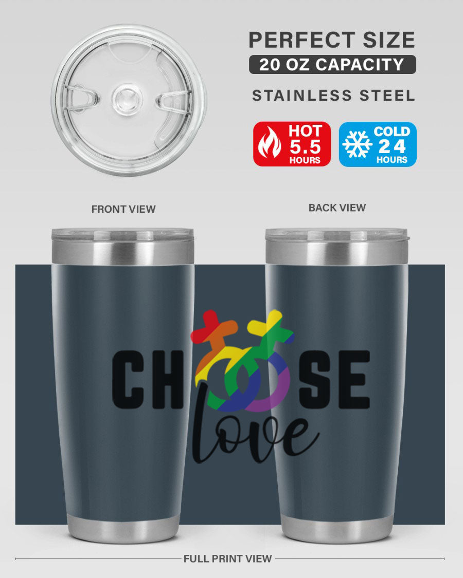 A vibrant chooselove 149# LGBT Tumbler showcasing its double wall stainless steel design and colorful print.