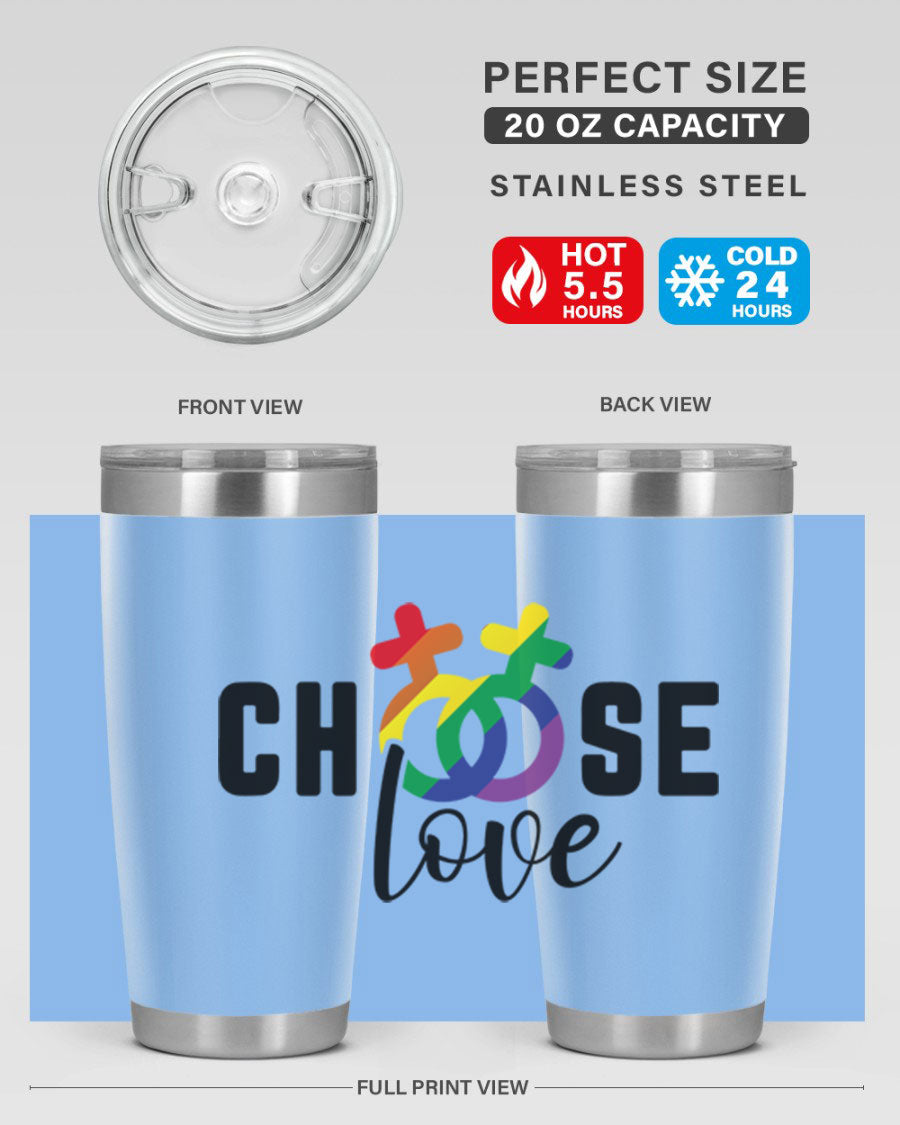 A vibrant chooselove 149# LGBT Tumbler showcasing its double wall stainless steel design and colorful print.