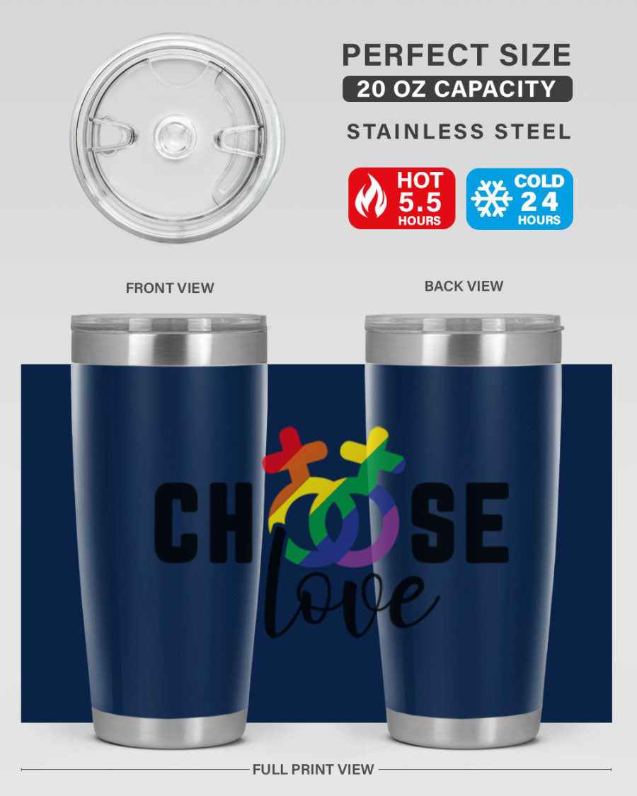 A vibrant chooselove 149# LGBT Tumbler showcasing its double wall stainless steel design and colorful print.