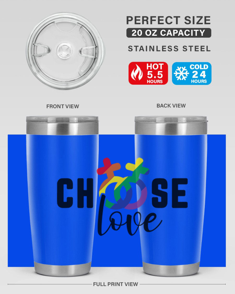 A vibrant chooselove 149# LGBT Tumbler showcasing its double wall stainless steel design and colorful print.