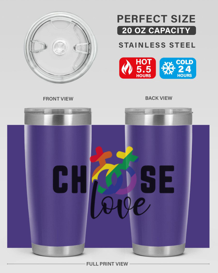A vibrant chooselove 149# LGBT Tumbler showcasing its double wall stainless steel design and colorful print.
