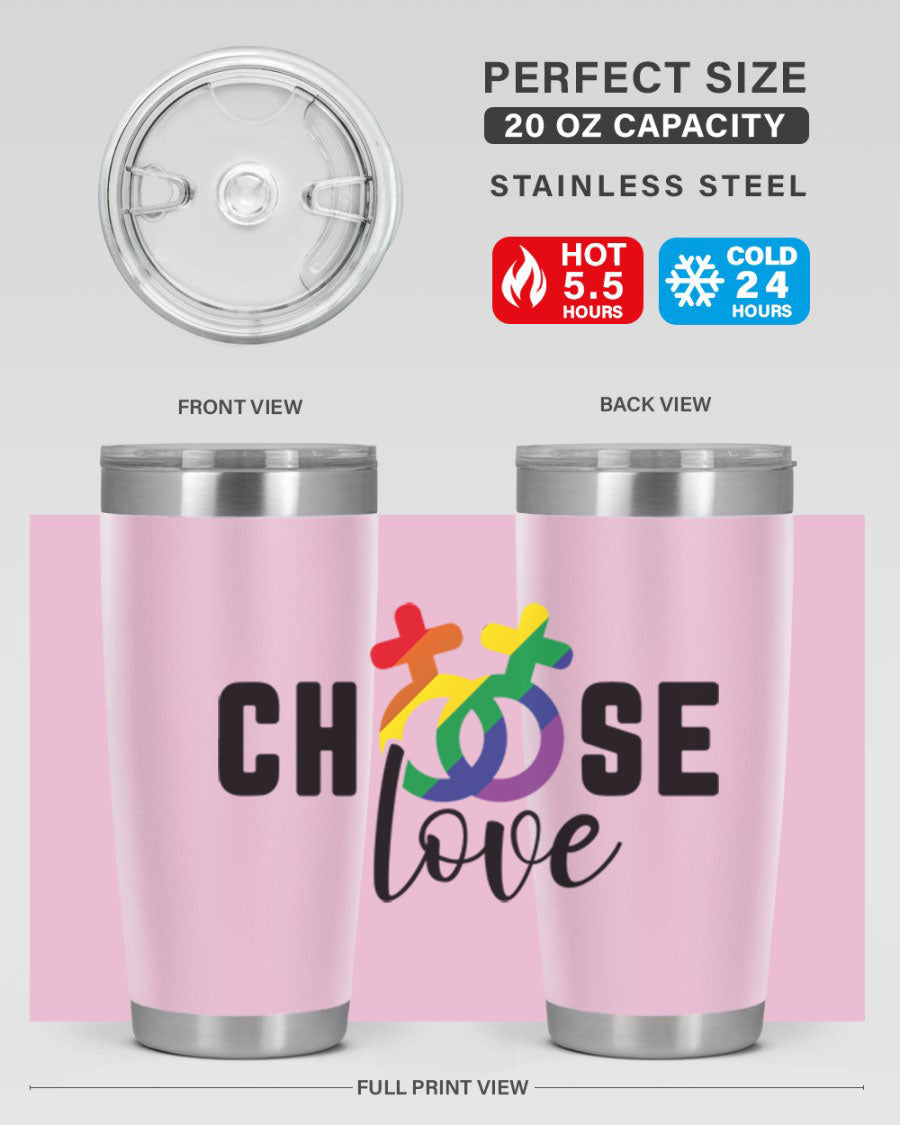 A vibrant chooselove 149# LGBT Tumbler showcasing its double wall stainless steel design and colorful print.