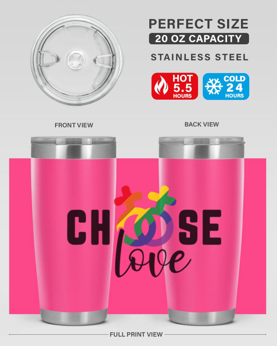 A vibrant chooselove 149# LGBT Tumbler showcasing its double wall stainless steel design and colorful print.