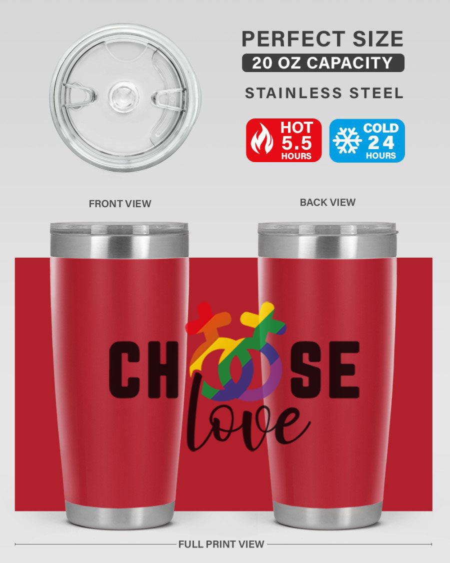 A vibrant chooselove 149# LGBT Tumbler showcasing its double wall stainless steel design and colorful print.