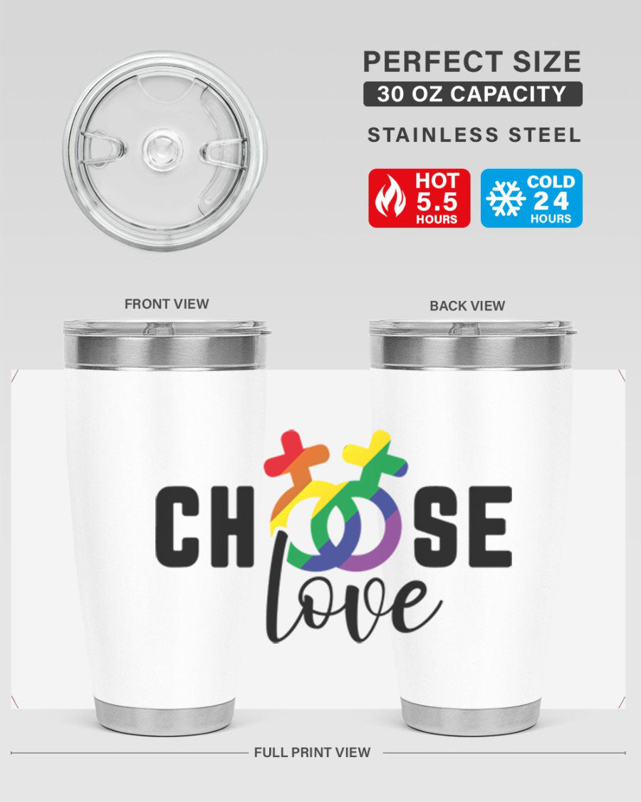 A vibrant chooselove 149# LGBT Tumbler showcasing its double wall stainless steel design and colorful print.