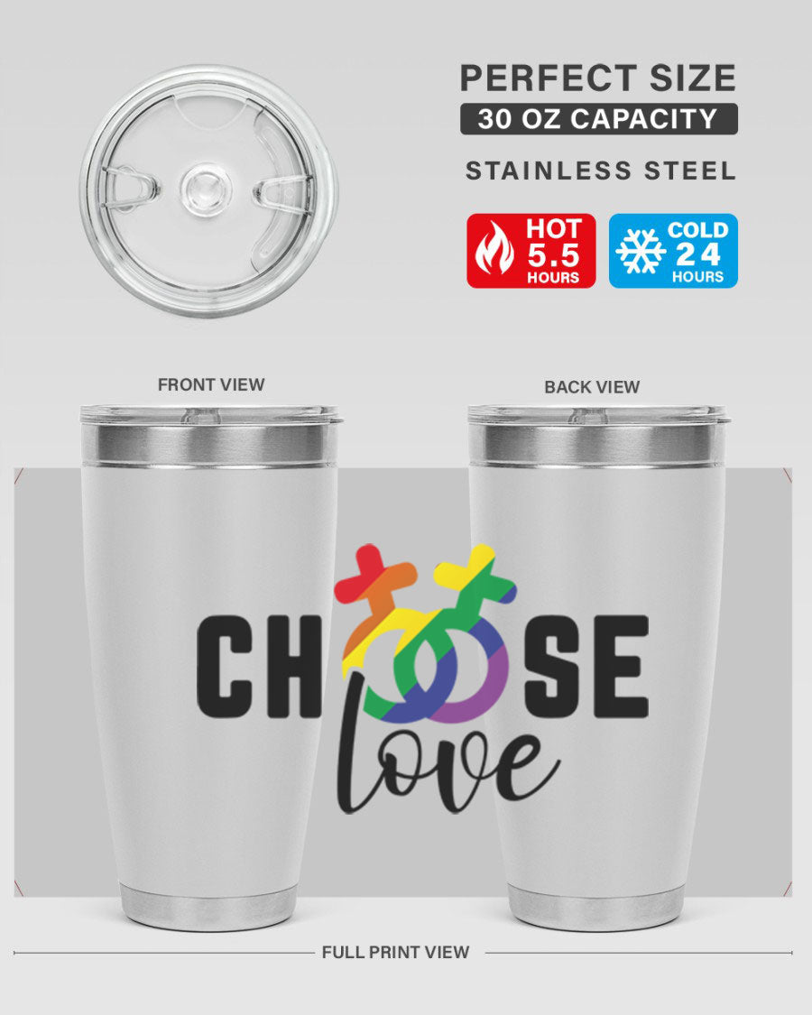 A vibrant chooselove 149# LGBT Tumbler showcasing its double wall stainless steel design and colorful print.
