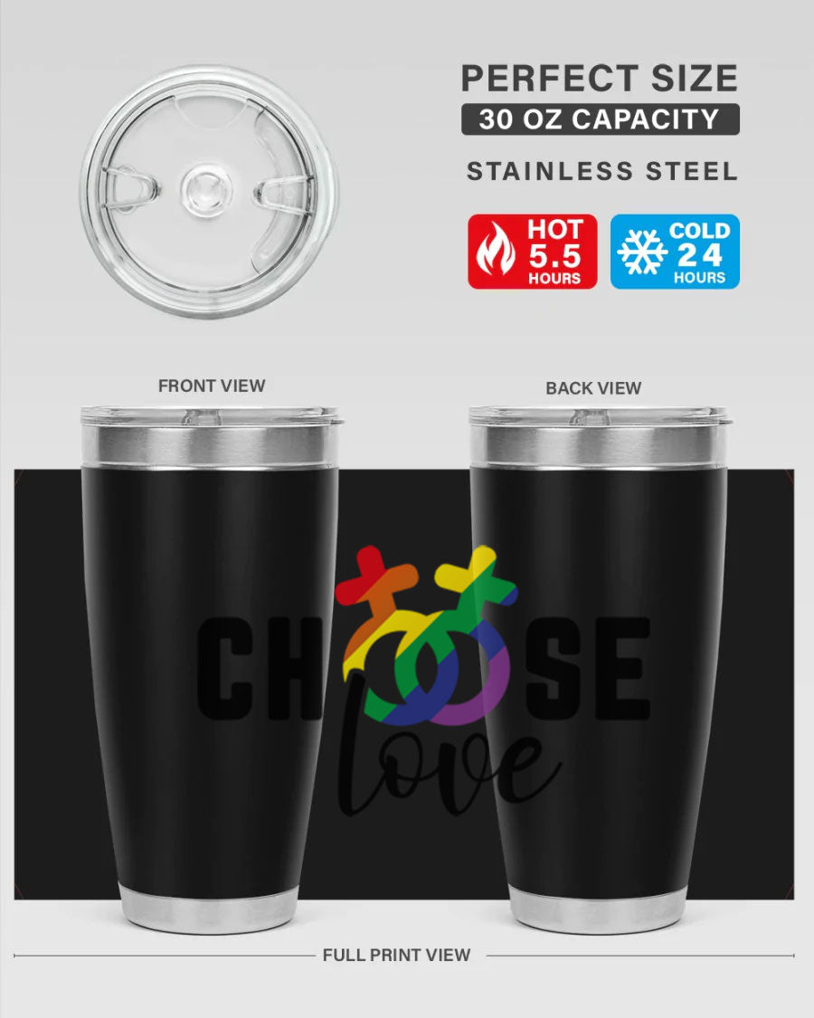 A vibrant chooselove 149# LGBT Tumbler showcasing its double wall stainless steel design and colorful print.