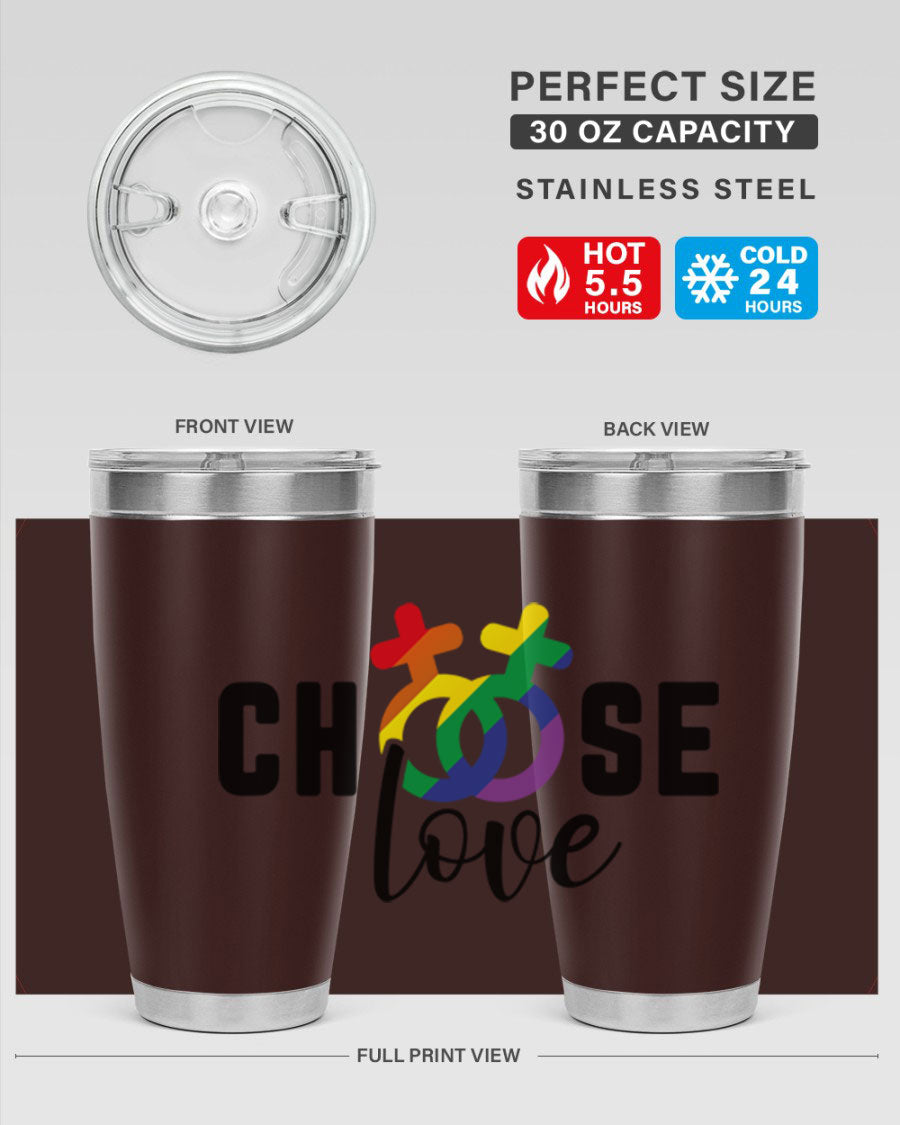 A vibrant chooselove 149# LGBT Tumbler showcasing its double wall stainless steel design and colorful print.