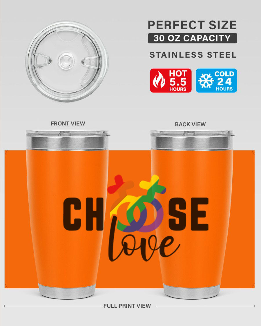 A vibrant chooselove 149# LGBT Tumbler showcasing its double wall stainless steel design and colorful print.