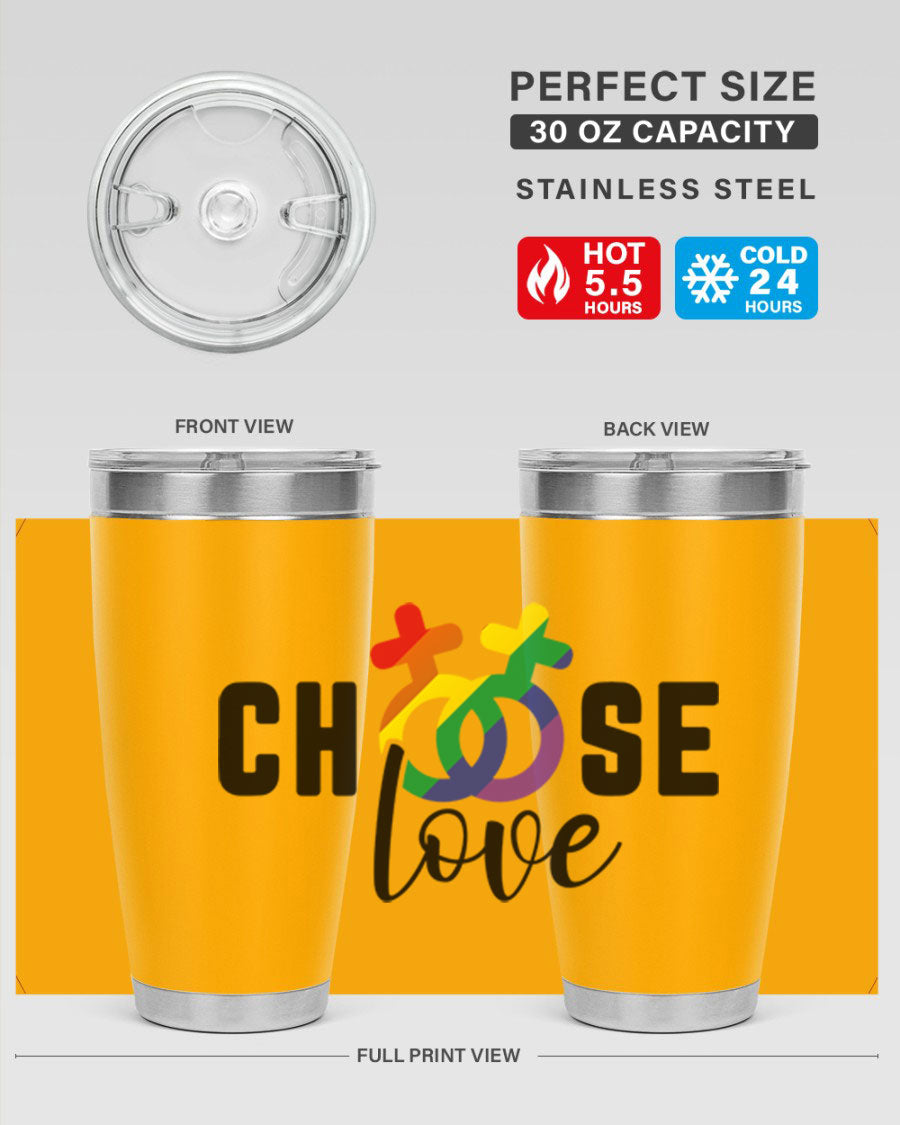 A vibrant chooselove 149# LGBT Tumbler showcasing its double wall stainless steel design and colorful print.