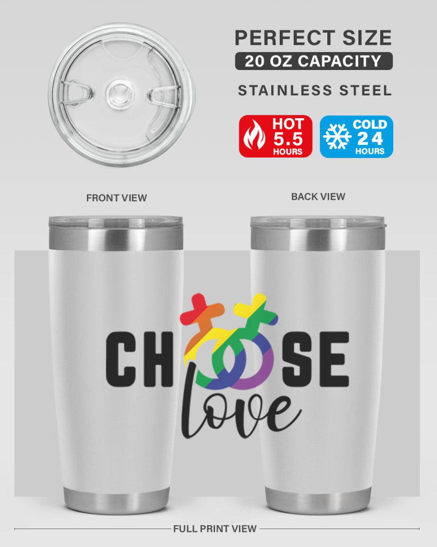 A vibrant chooselove 149# LGBT Tumbler showcasing its double wall stainless steel design and colorful print.