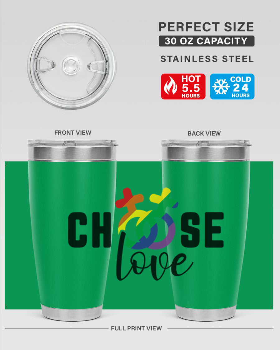 A vibrant chooselove 149# LGBT Tumbler showcasing its double wall stainless steel design and colorful print.