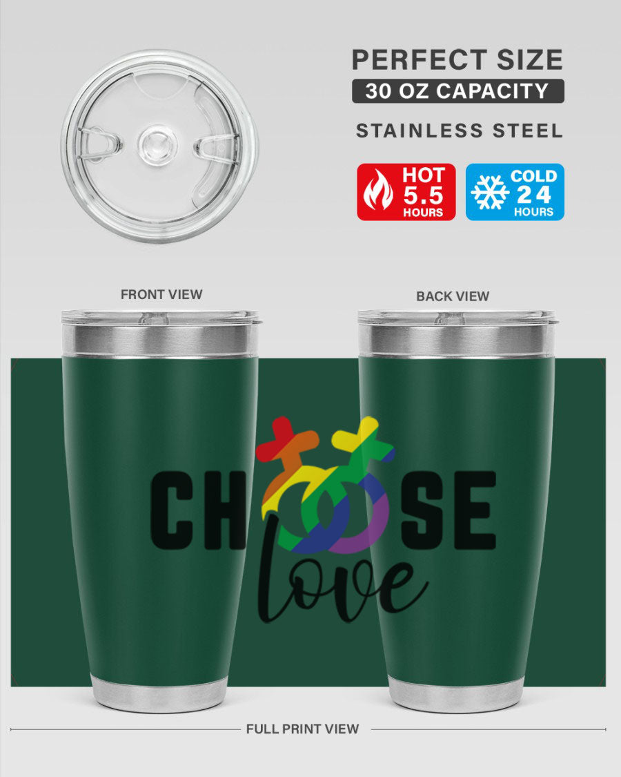 A vibrant chooselove 149# LGBT Tumbler showcasing its double wall stainless steel design and colorful print.