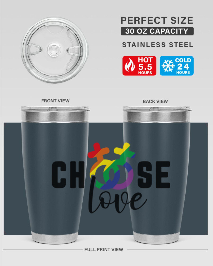 A vibrant chooselove 149# LGBT Tumbler showcasing its double wall stainless steel design and colorful print.