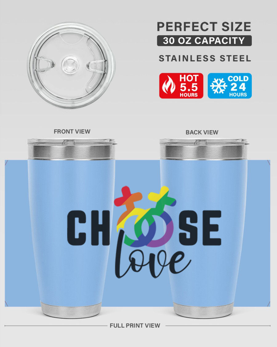 A vibrant chooselove 149# LGBT Tumbler showcasing its double wall stainless steel design and colorful print.