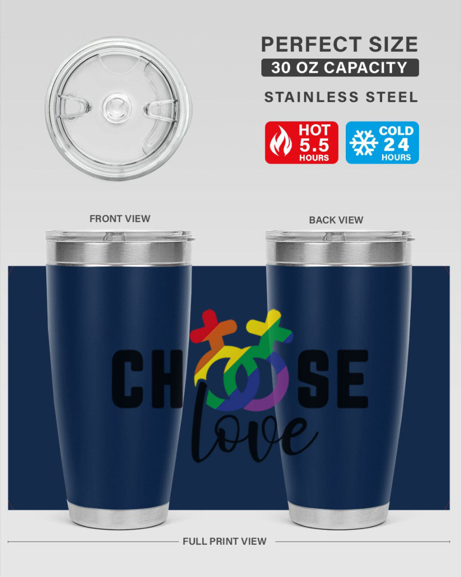 A vibrant chooselove 149# LGBT Tumbler showcasing its double wall stainless steel design and colorful print.