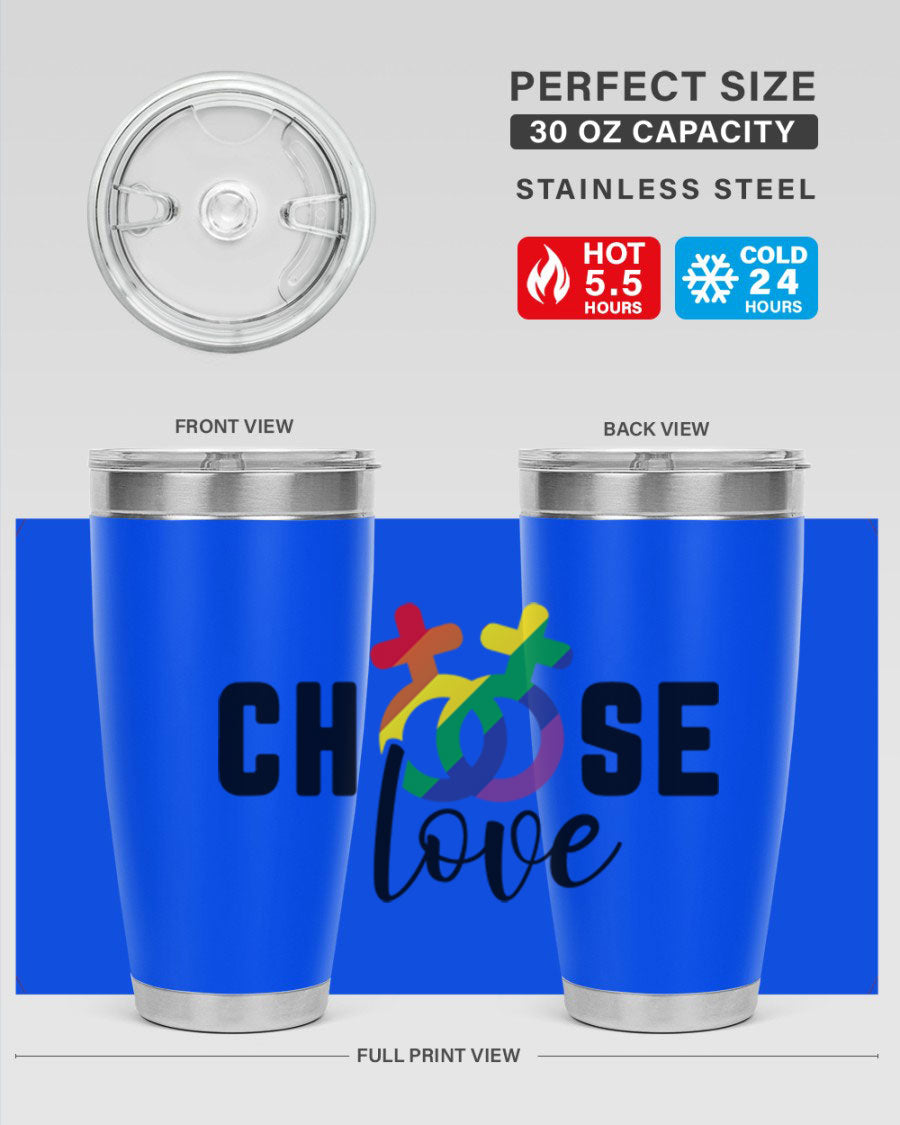 A vibrant chooselove 149# LGBT Tumbler showcasing its double wall stainless steel design and colorful print.