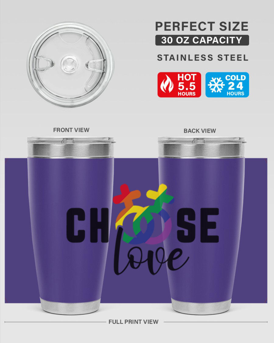 A vibrant chooselove 149# LGBT Tumbler showcasing its double wall stainless steel design and colorful print.