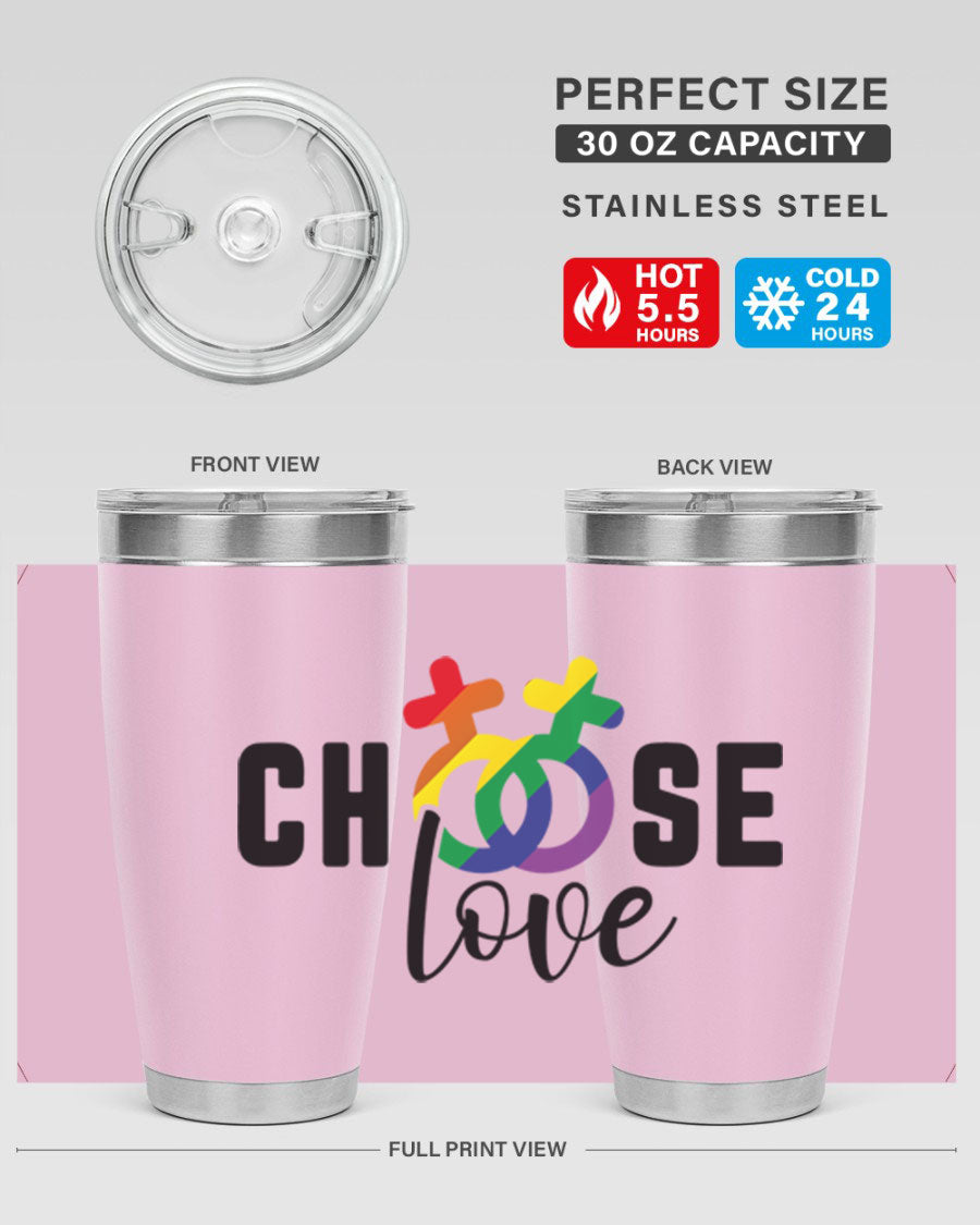 A vibrant chooselove 149# LGBT Tumbler showcasing its double wall stainless steel design and colorful print.