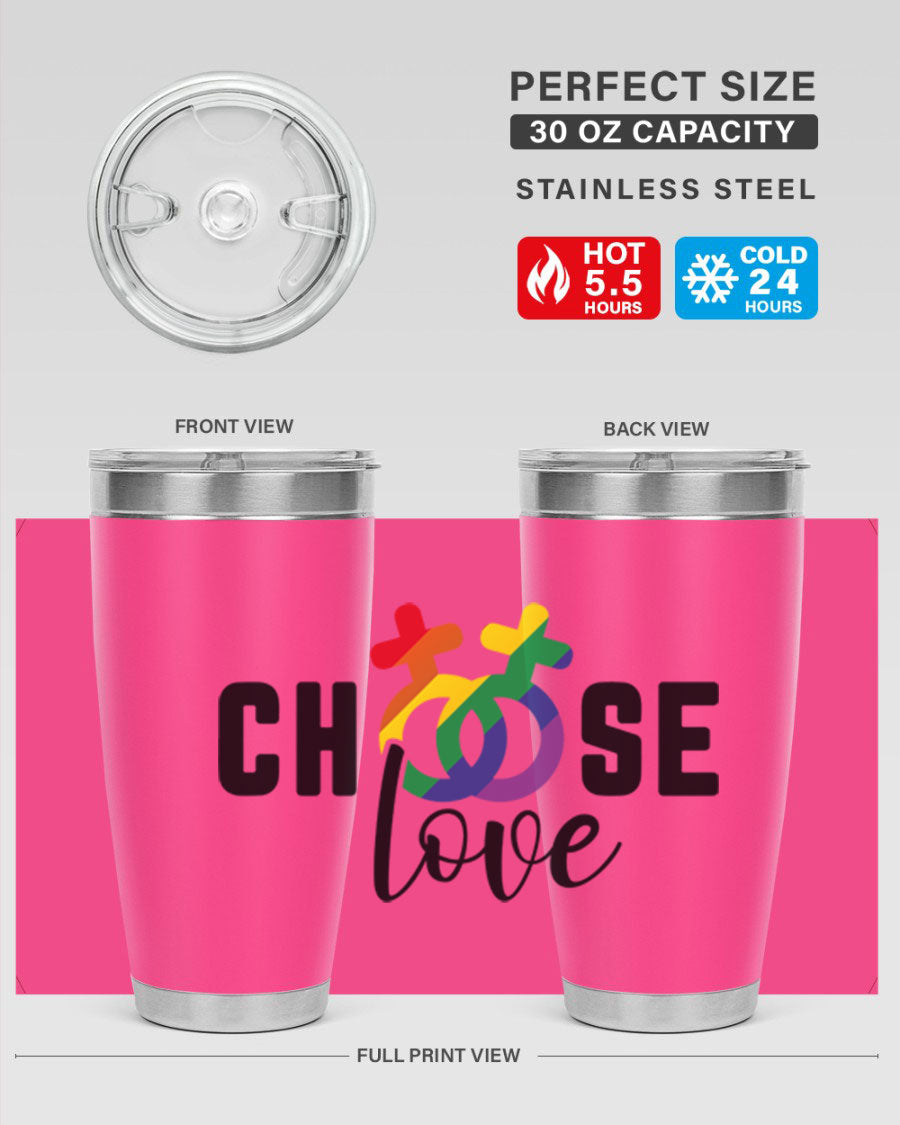 A vibrant chooselove 149# LGBT Tumbler showcasing its double wall stainless steel design and colorful print.