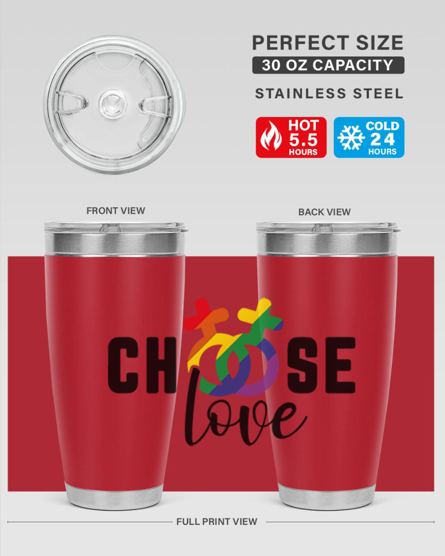 A vibrant chooselove 149# LGBT Tumbler showcasing its double wall stainless steel design and colorful print.