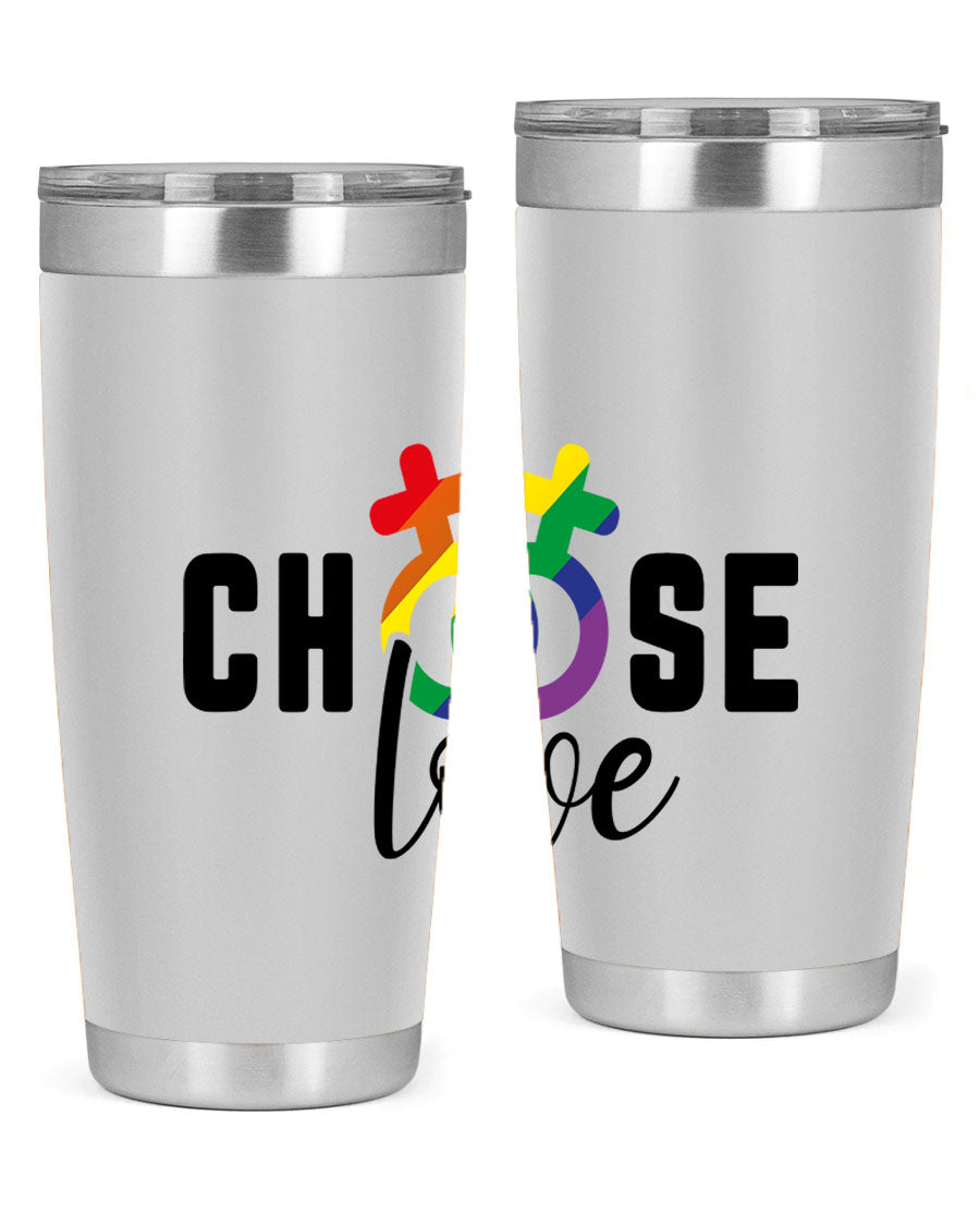 A vibrant chooselove 149# LGBT Tumbler showcasing its double wall stainless steel design and colorful print.