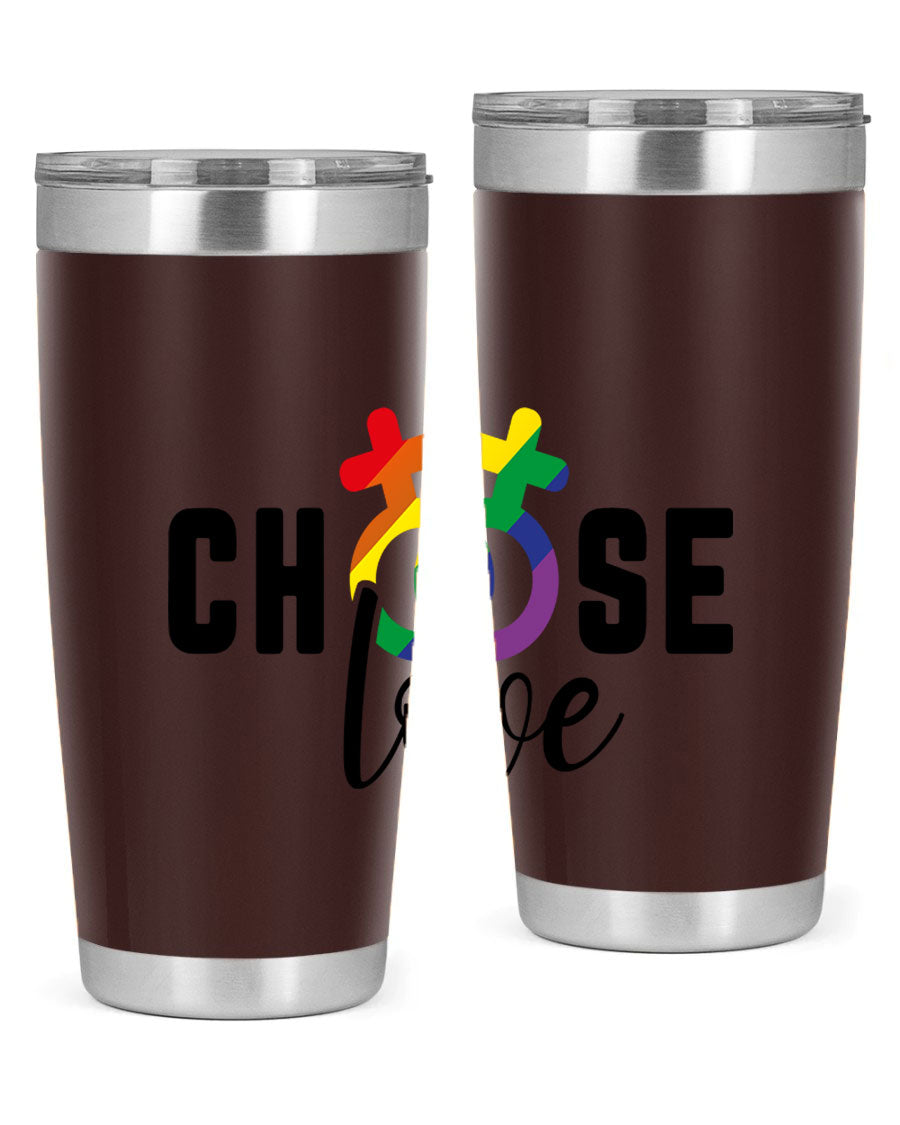 A vibrant chooselove 149# LGBT Tumbler showcasing its double wall stainless steel design and colorful print.