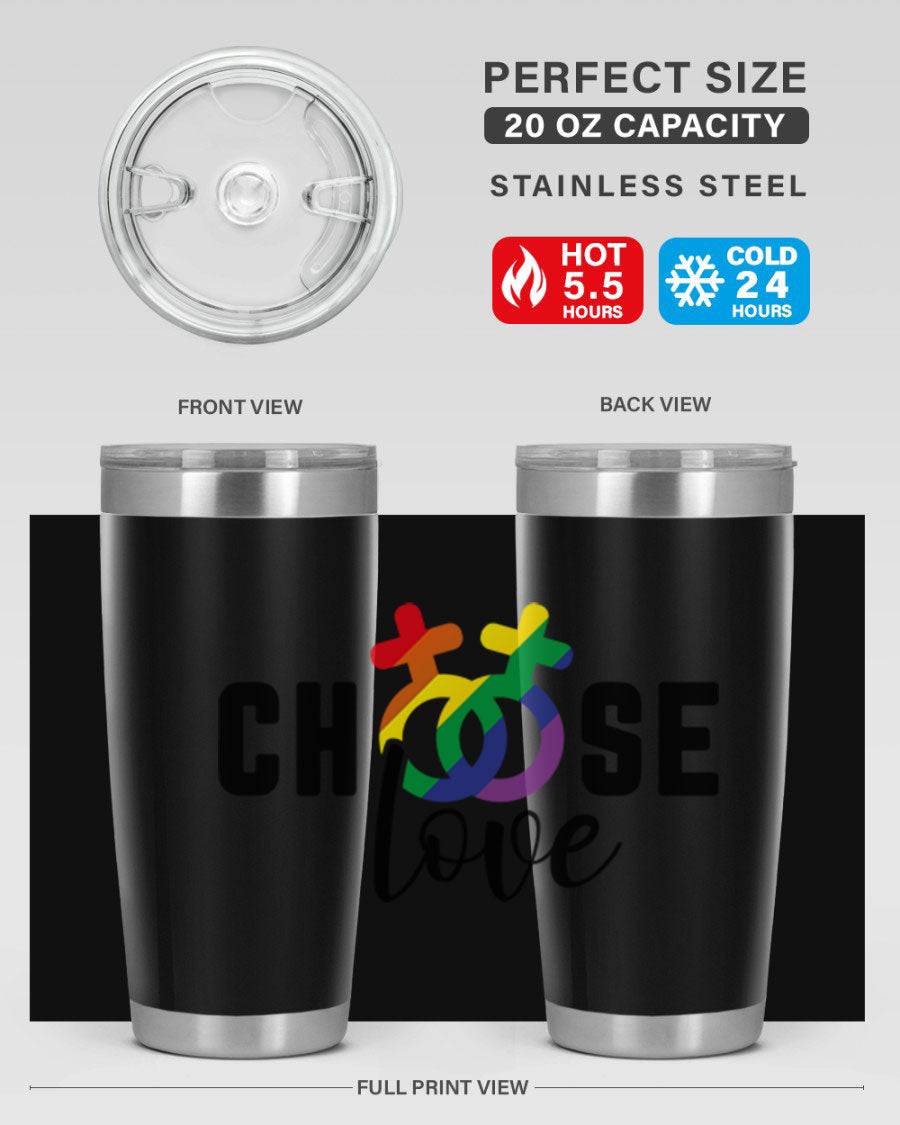 A vibrant chooselove 149# LGBT Tumbler showcasing its double wall stainless steel design and colorful print.