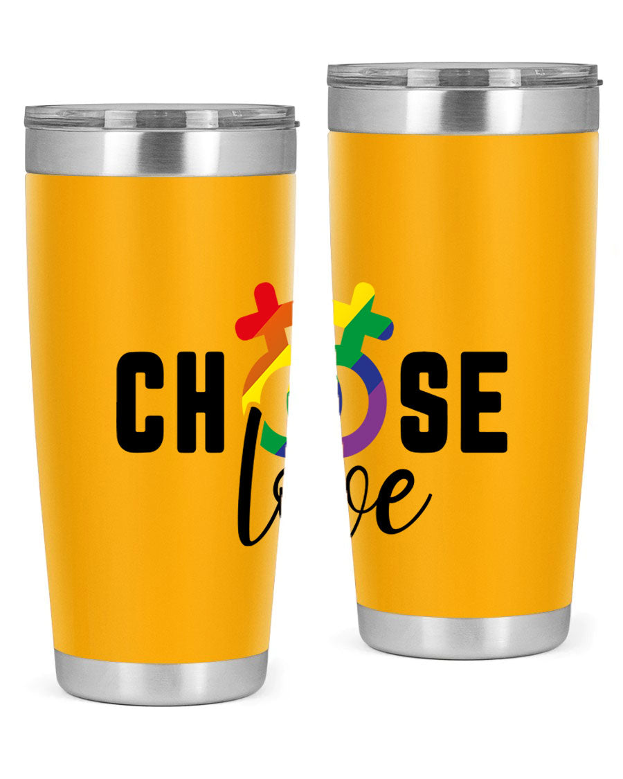 A vibrant chooselove 149# LGBT Tumbler showcasing its double wall stainless steel design and colorful print.