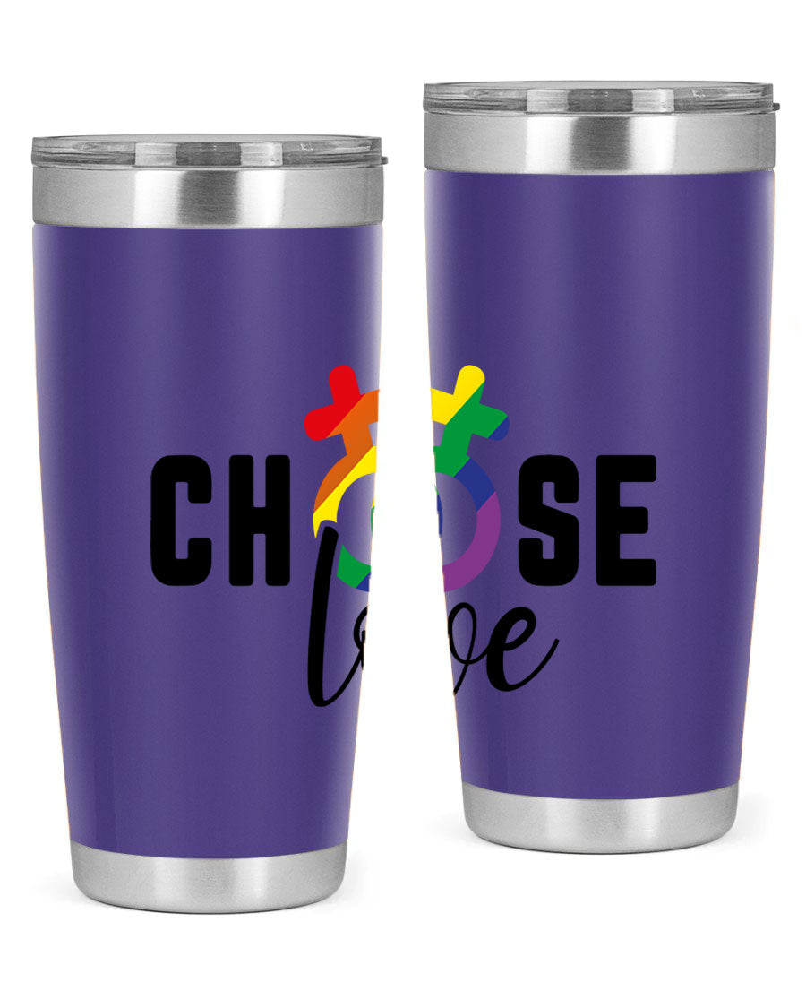 A vibrant chooselove 149# LGBT Tumbler showcasing its double wall stainless steel design and colorful print.