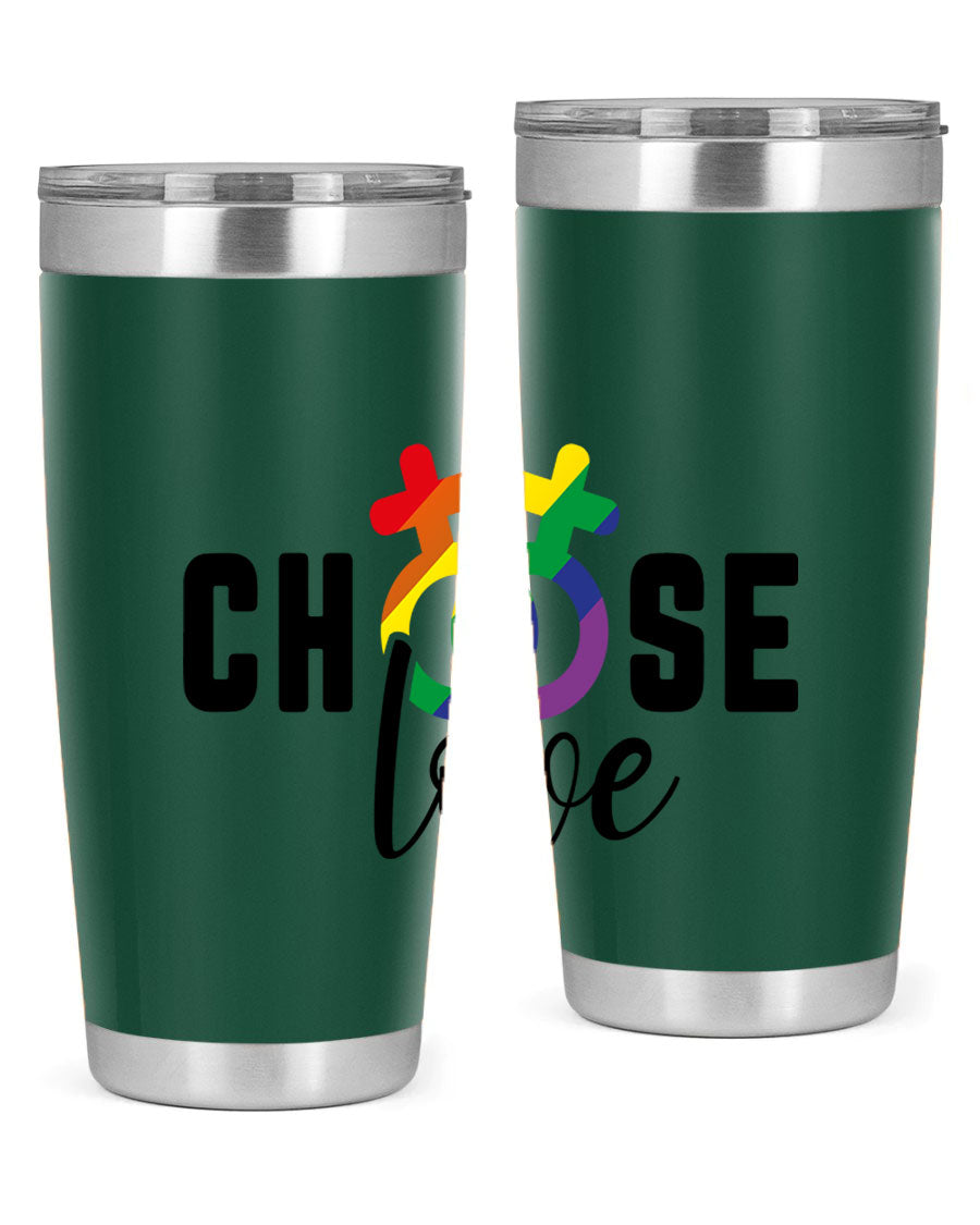 A vibrant chooselove 149# LGBT Tumbler showcasing its double wall stainless steel design and colorful print.