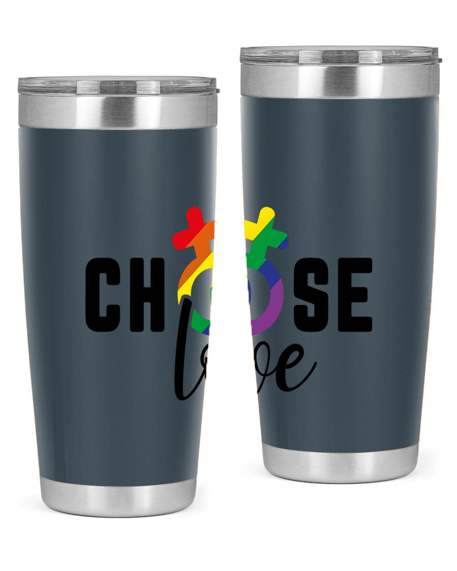 A vibrant chooselove 149# LGBT Tumbler showcasing its double wall stainless steel design and colorful print.