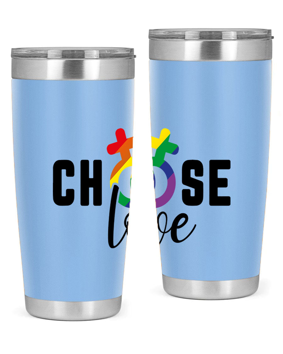 A vibrant chooselove 149# LGBT Tumbler showcasing its double wall stainless steel design and colorful print.