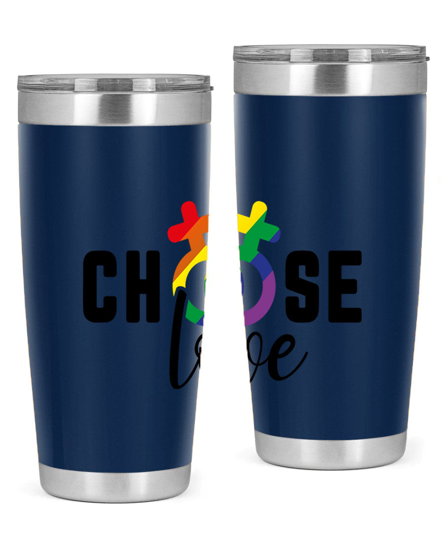 A vibrant chooselove 149# LGBT Tumbler showcasing its double wall stainless steel design and colorful print.