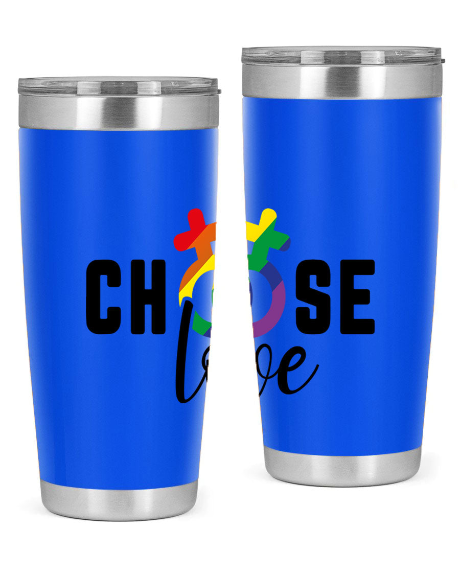 A vibrant chooselove 149# LGBT Tumbler showcasing its double wall stainless steel design and colorful print.