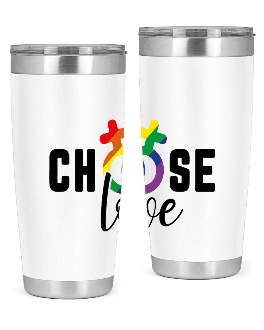 A vibrant chooselove 149# LGBT Tumbler showcasing its double wall stainless steel design and colorful print.